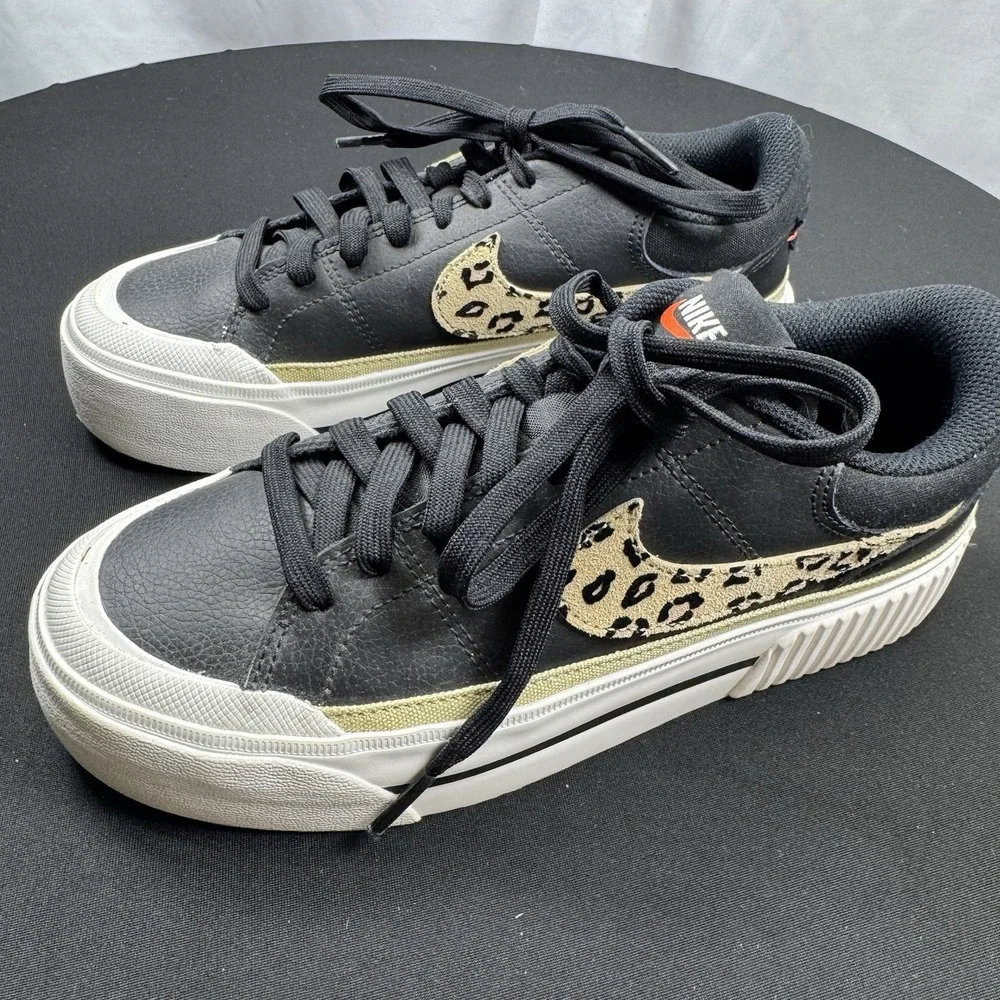 Nike Court Legacy Lift Shoe Womens Size 7 Leather Black Leopard Swoosh Sneaker - Picture 4 of 7